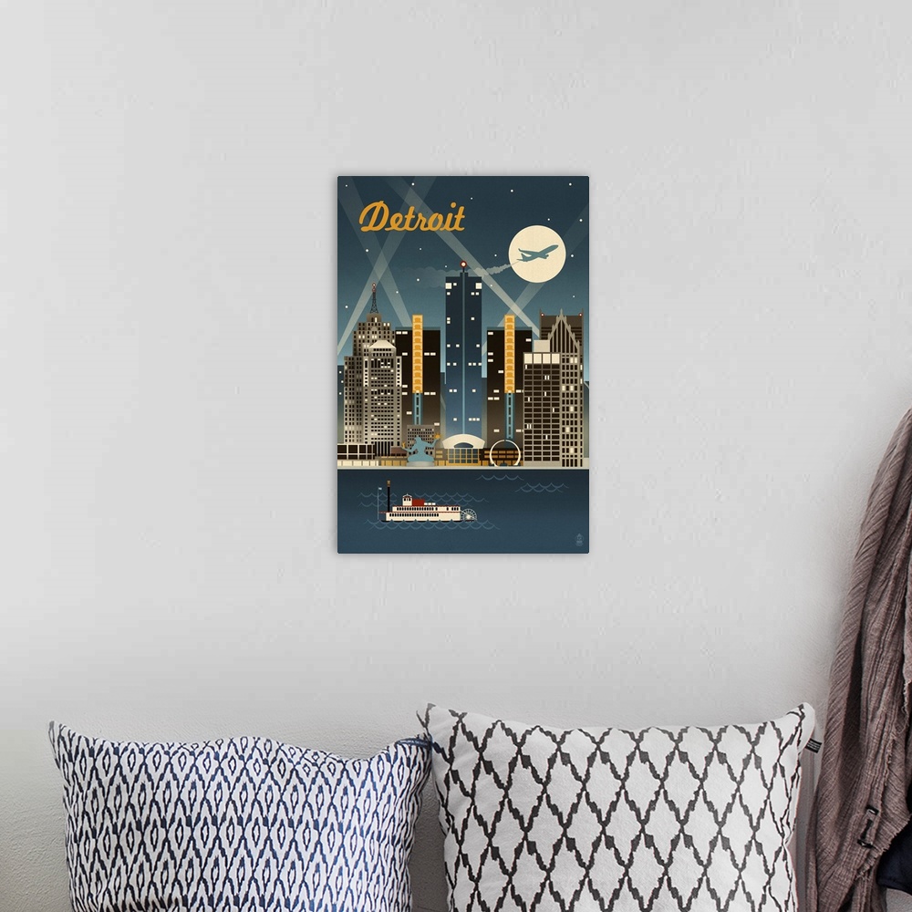A bohemian room featuring Detroit, Michigan - Retro Skyline: Retro Travel Poster