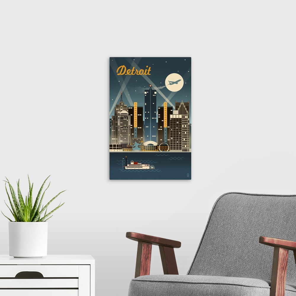 A modern room featuring Detroit, Michigan - Retro Skyline: Retro Travel Poster
