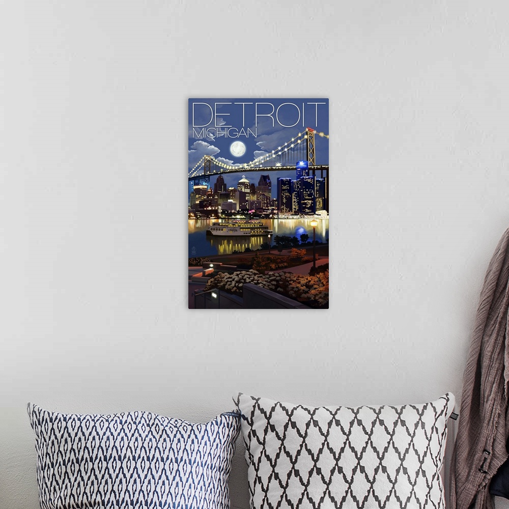 A bohemian room featuring Detroit, Michigan - Skyline at Night: Retro Travel Poster