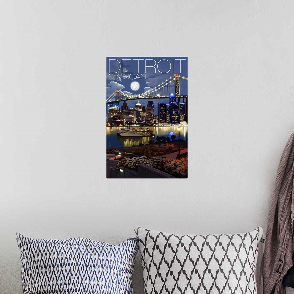 A bohemian room featuring Detroit, Michigan - Skyline at Night: Retro Travel Poster