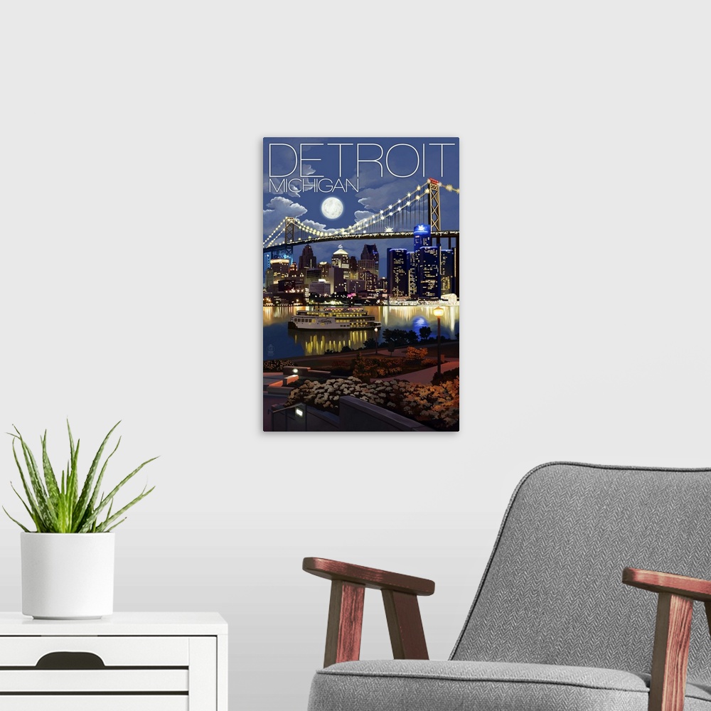 A modern room featuring Detroit, Michigan - Skyline at Night: Retro Travel Poster