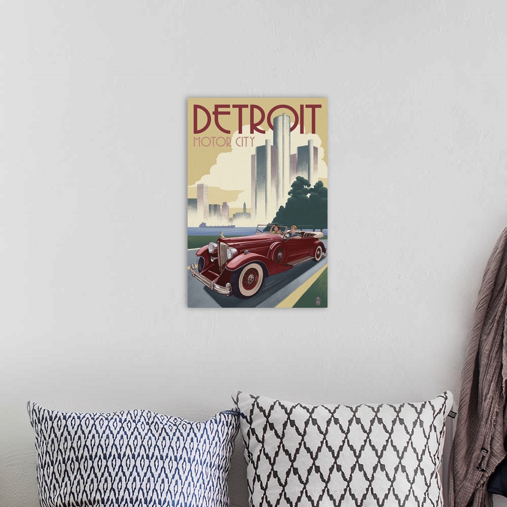 A bohemian room featuring Detroit, Michigan - Vintage Car and Skyline: Retro Travel Poster