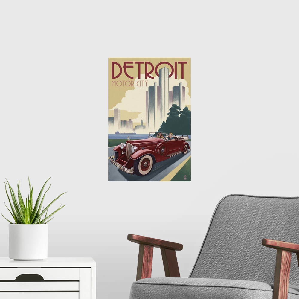 A modern room featuring Detroit, Michigan - Vintage Car and Skyline: Retro Travel Poster