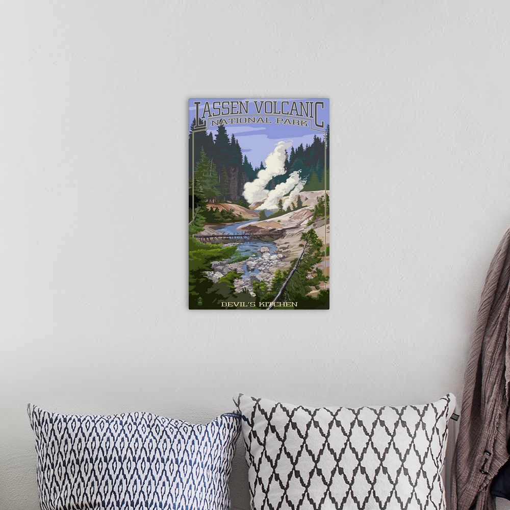 A bohemian room featuring Devils Kitchen - Lassen Volcanic National Park, CA Retro Travel Poster