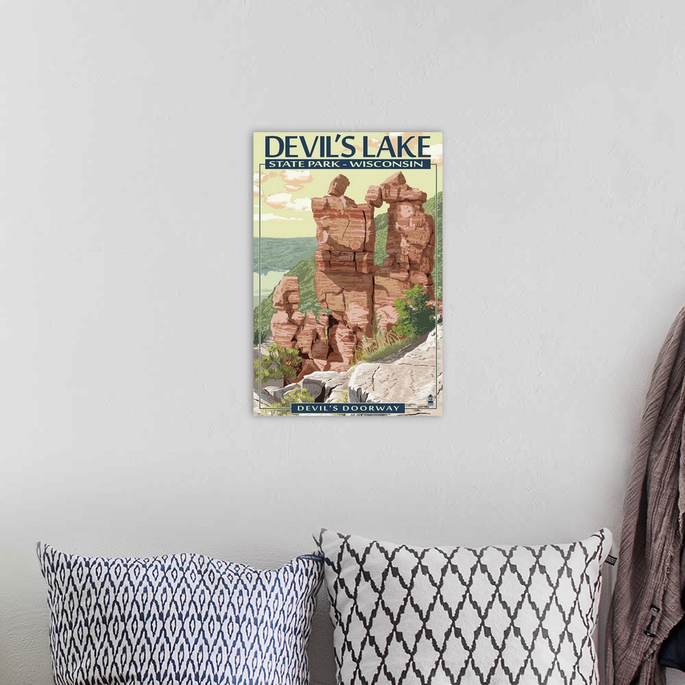 A bohemian room featuring Devil's Lake State Park, Wisconsin - Devil's Doorway: Retro Travel Poster