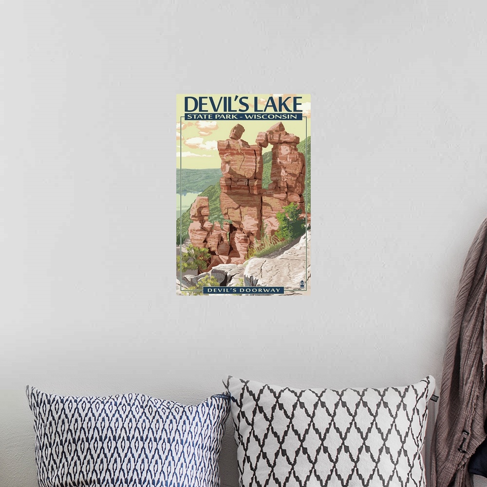 A bohemian room featuring Devil's Lake State Park, Wisconsin - Devil's Doorway: Retro Travel Poster