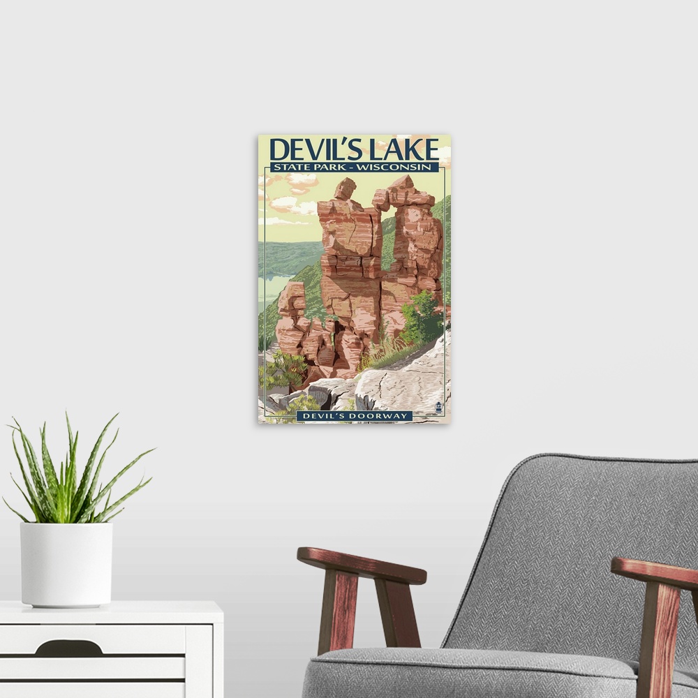 A modern room featuring Devil's Lake State Park, Wisconsin - Devil's Doorway: Retro Travel Poster