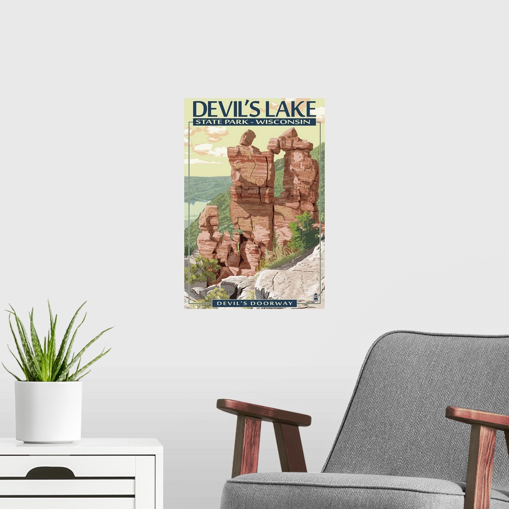 A modern room featuring Devil's Lake State Park, Wisconsin - Devil's Doorway: Retro Travel Poster