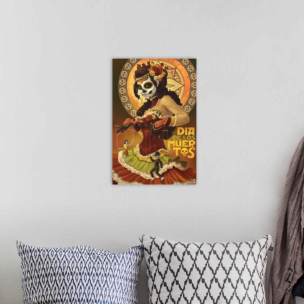 A bohemian room featuring Retro stylized art poster of a woman in an elegant dress, and her face painted like a skull. Whil...