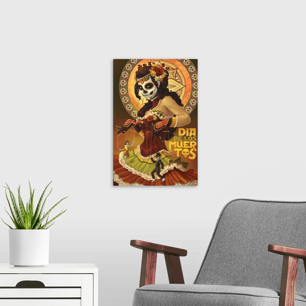 A modern room featuring Retro stylized art poster of a woman in an elegant dress, and her face painted like a skull. Whil...