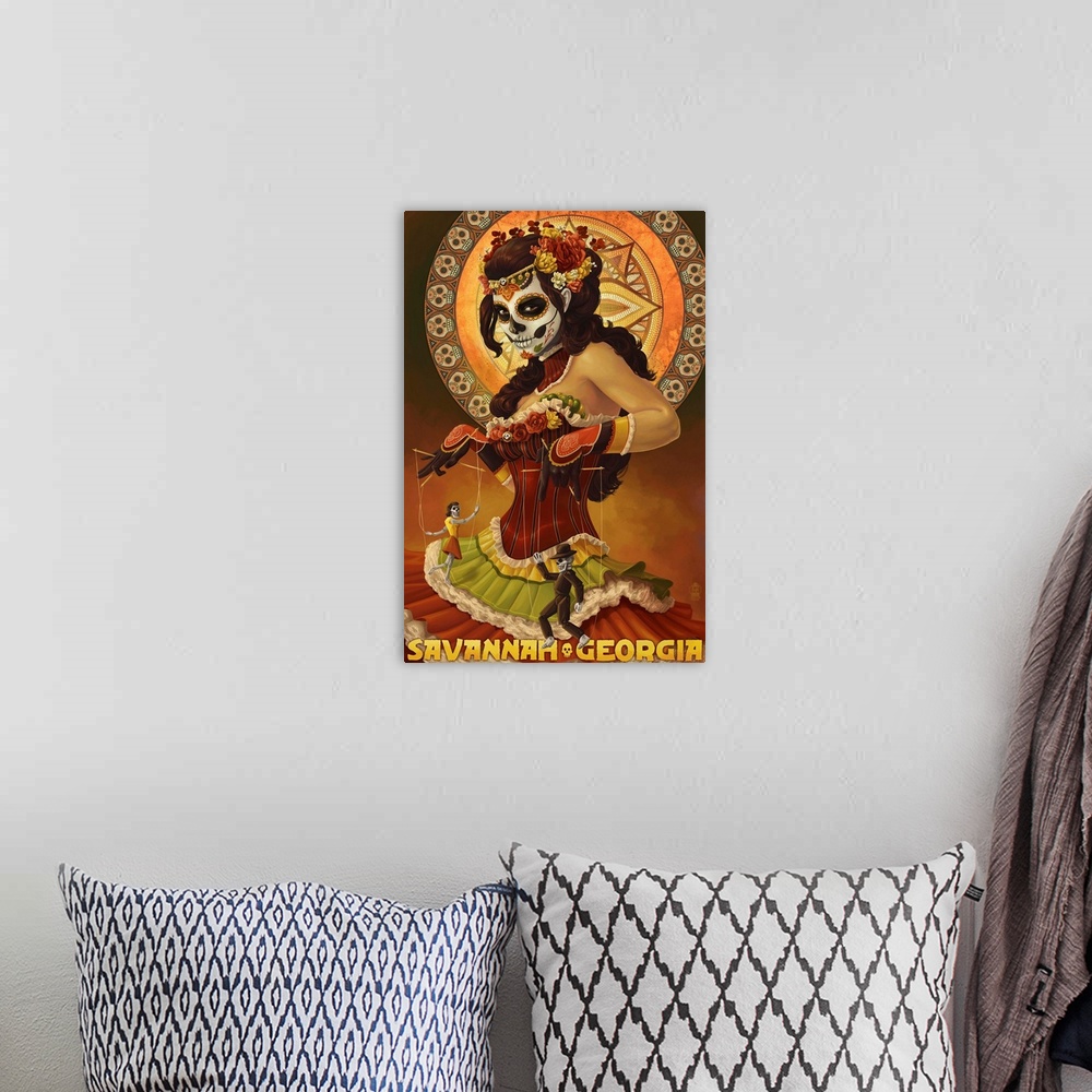 A bohemian room featuring A retro stylized art poster of a dancing skeleton dressed as La Calavera Catrina.