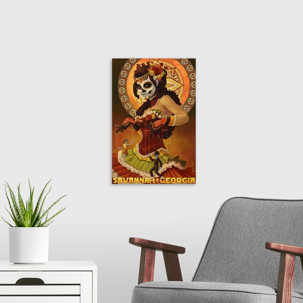 A modern room featuring A retro stylized art poster of a dancing skeleton dressed as La Calavera Catrina.