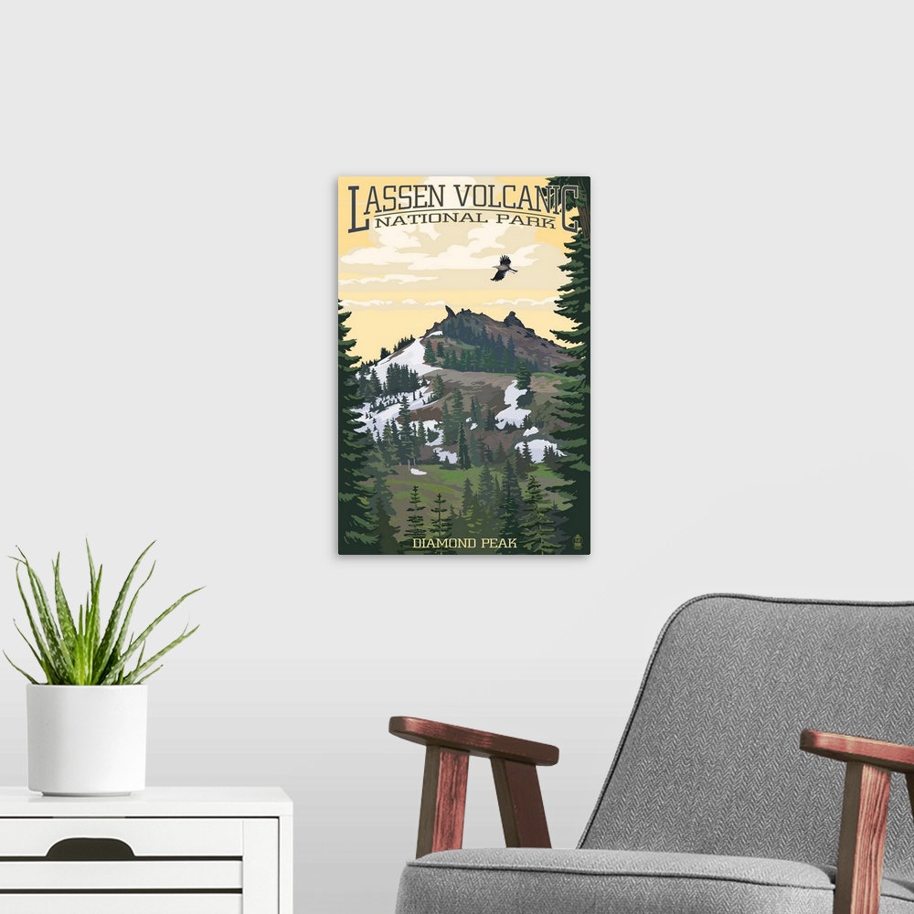 A modern room featuring Retro stylized art poster of a volcano peak. With trees below, and a bird in flight.