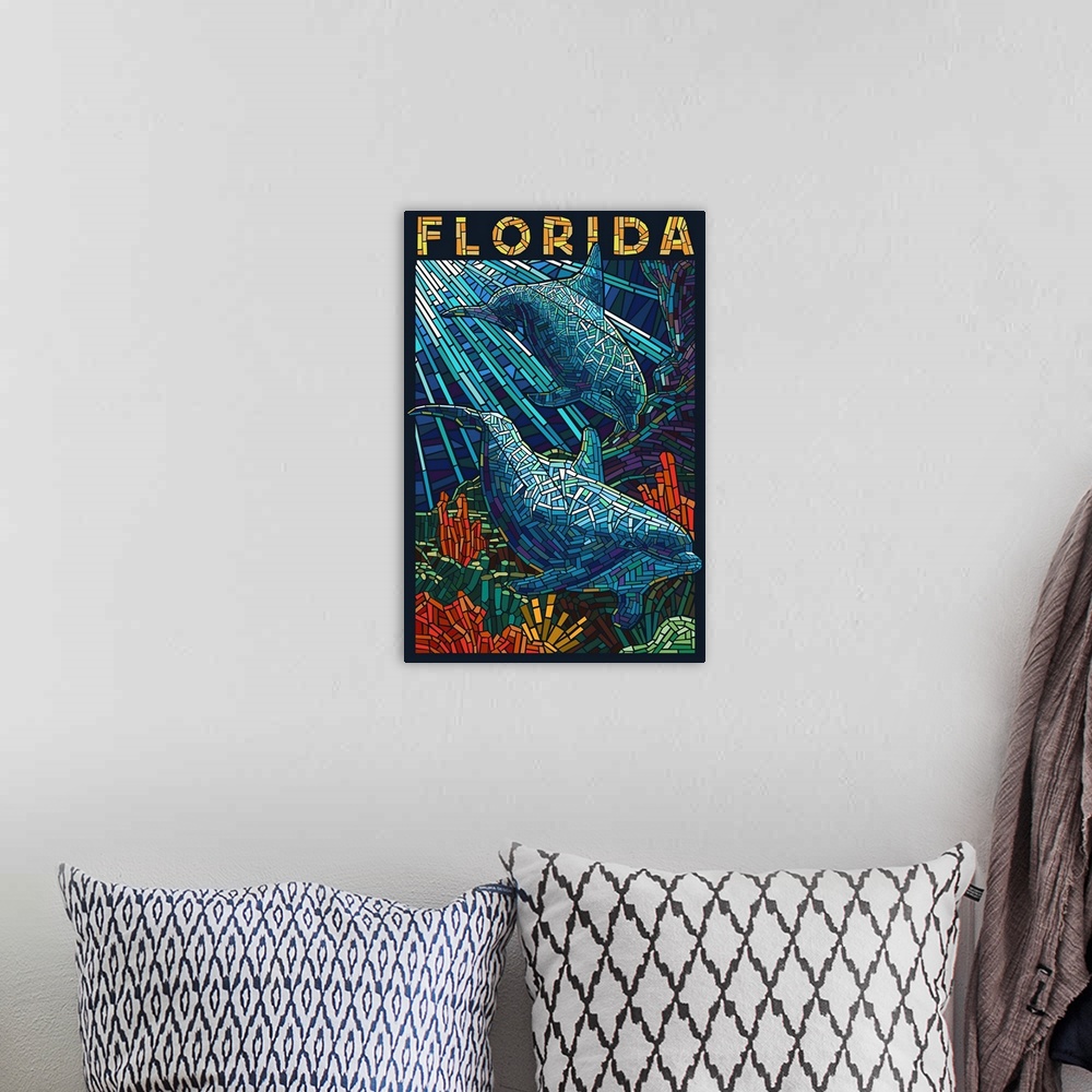 A bohemian room featuring Dolphin Paper Mosaic - Florida: Retro Travel Poster