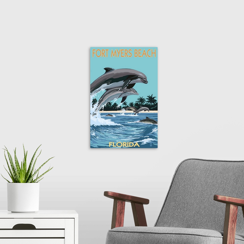 A modern room featuring Retro stylized art poster of a mother and calf dolphin leaping out of the water in unison.