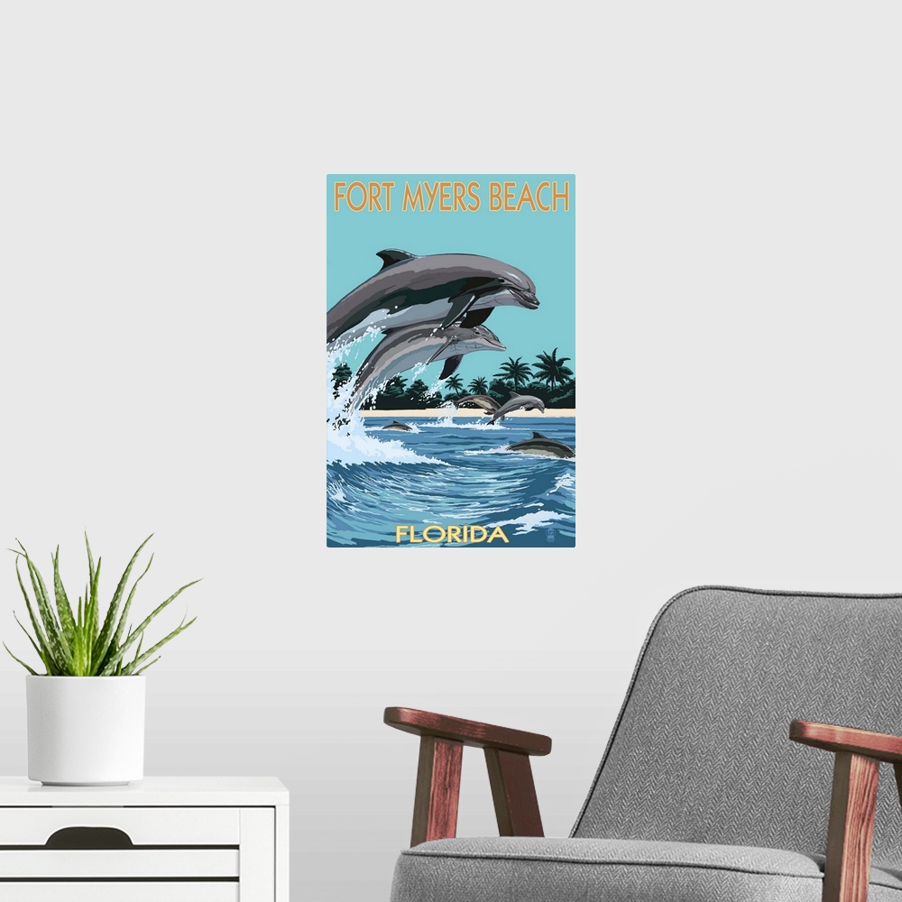 A modern room featuring Retro stylized art poster of a mother and calf dolphin leaping out of the water in unison.