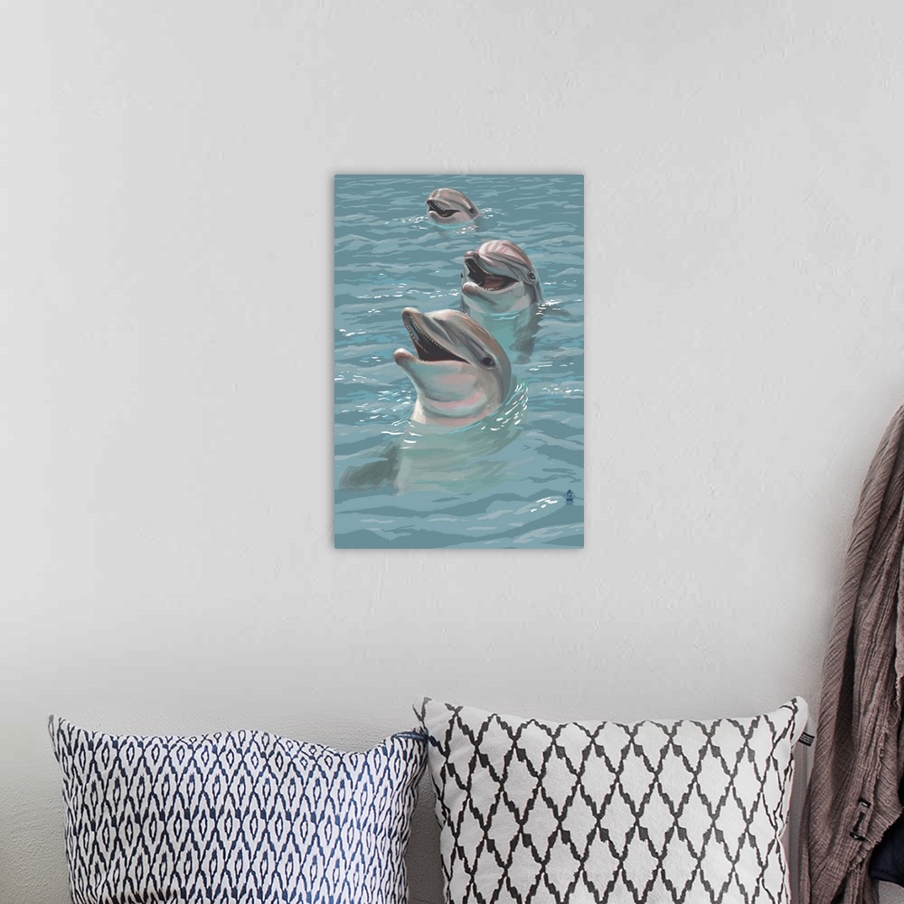 A bohemian room featuring Dolphins: Retro Poster Art