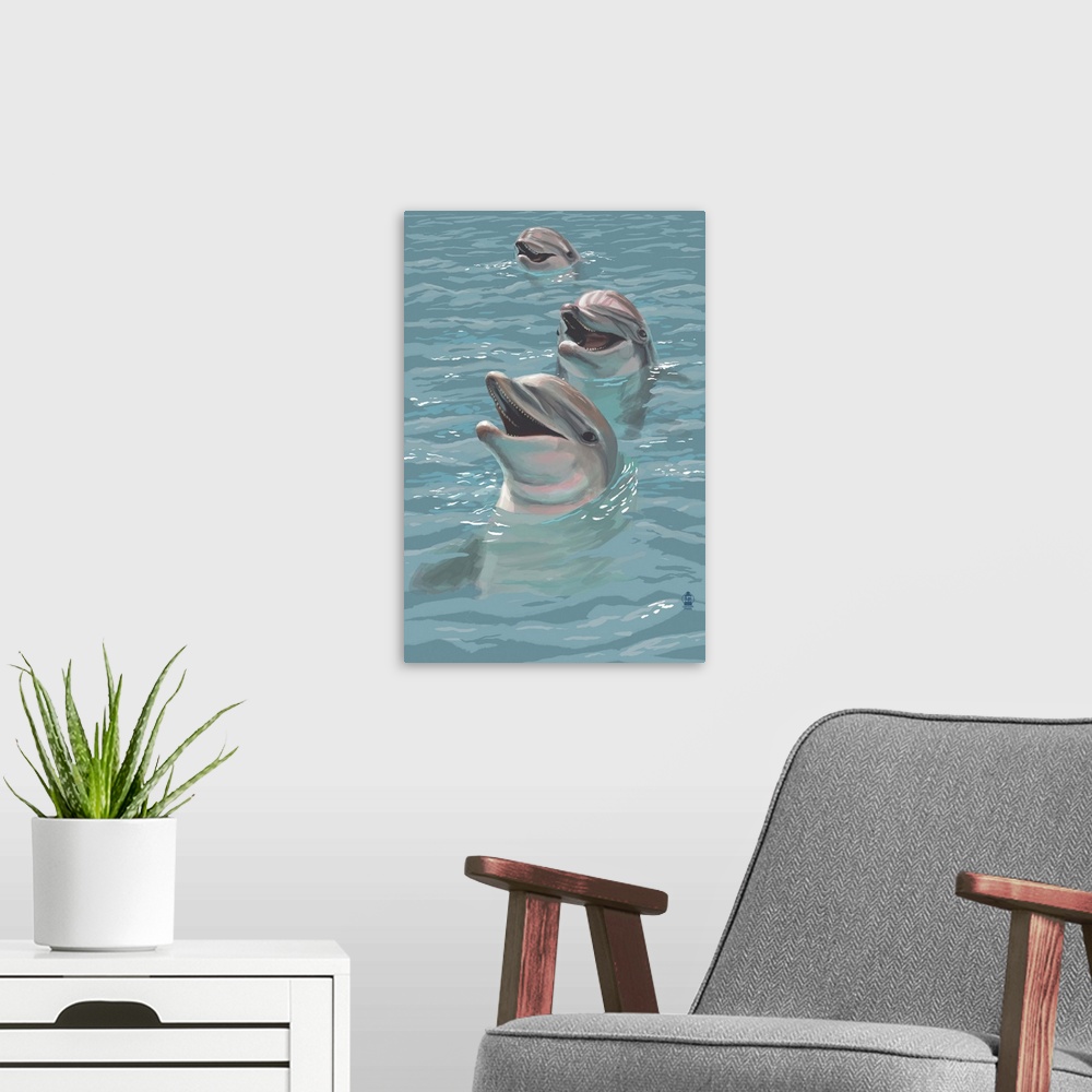 A modern room featuring Dolphins: Retro Poster Art