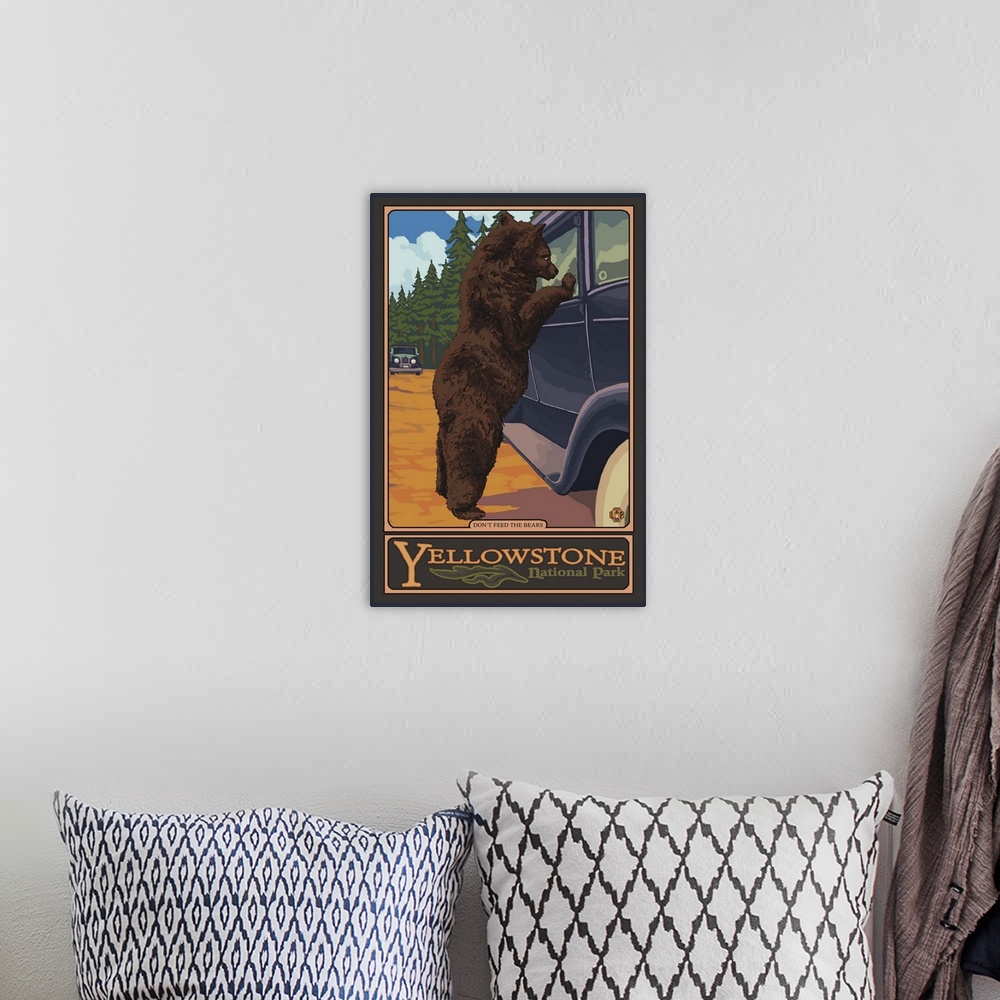 A bohemian room featuring Don't Feed The Bears - Yellowstone: Retro Travel Poster