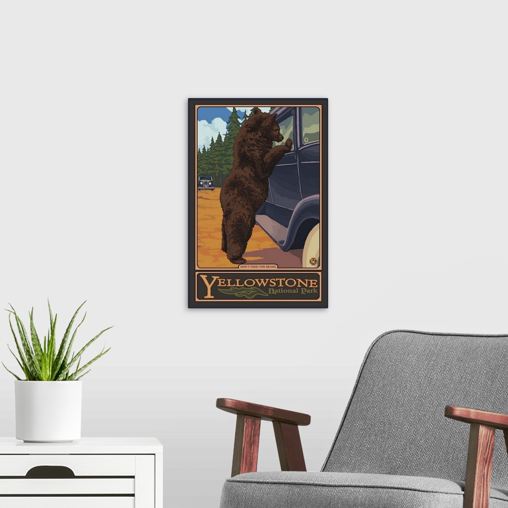 A modern room featuring Don't Feed The Bears - Yellowstone: Retro Travel Poster