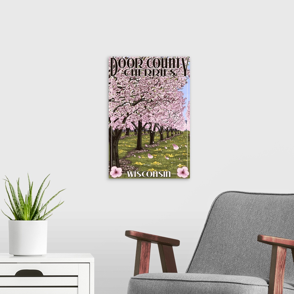 A modern room featuring Door County, Wisconsin - Cherry Blossoms: Retro Travel Poster
