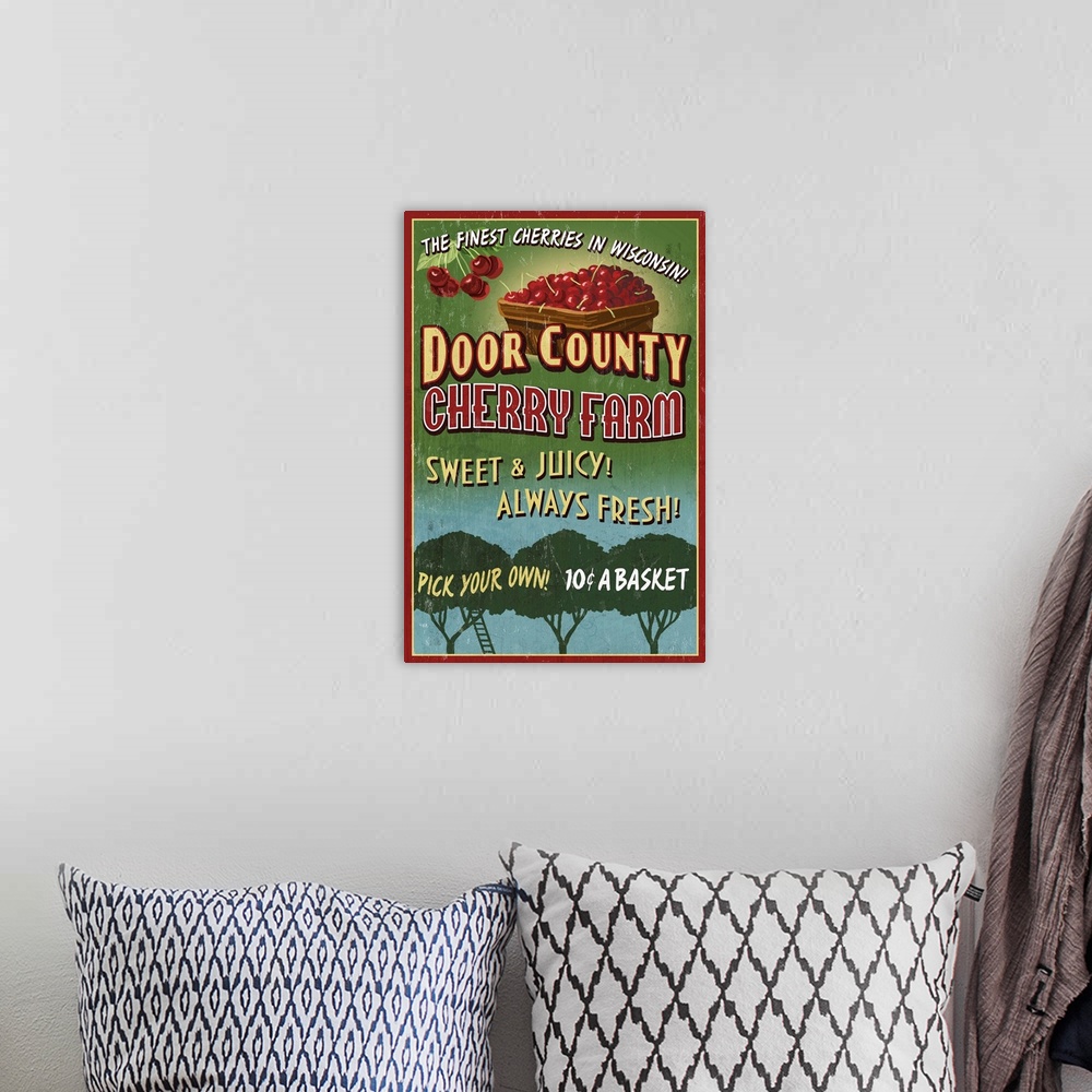 A bohemian room featuring Door County, Wisconsin - Cherry Vintage Sign: Retro Travel Poster