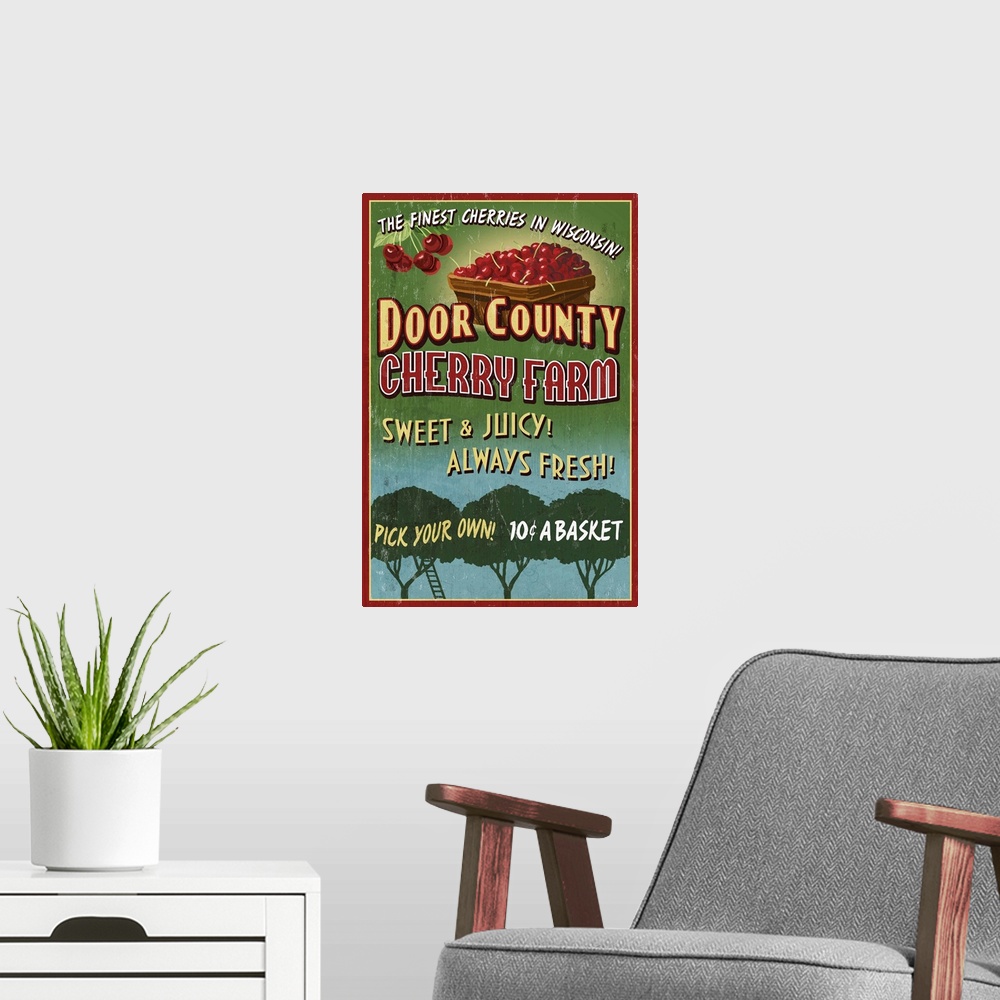 A modern room featuring Door County, Wisconsin - Cherry Vintage Sign: Retro Travel Poster