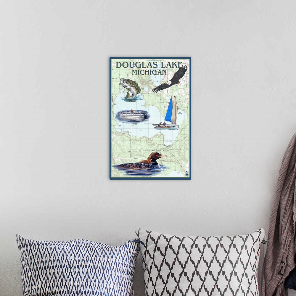 A bohemian room featuring Douglas Lake, Michigan - Nautical Chart: Retro Travel Poster