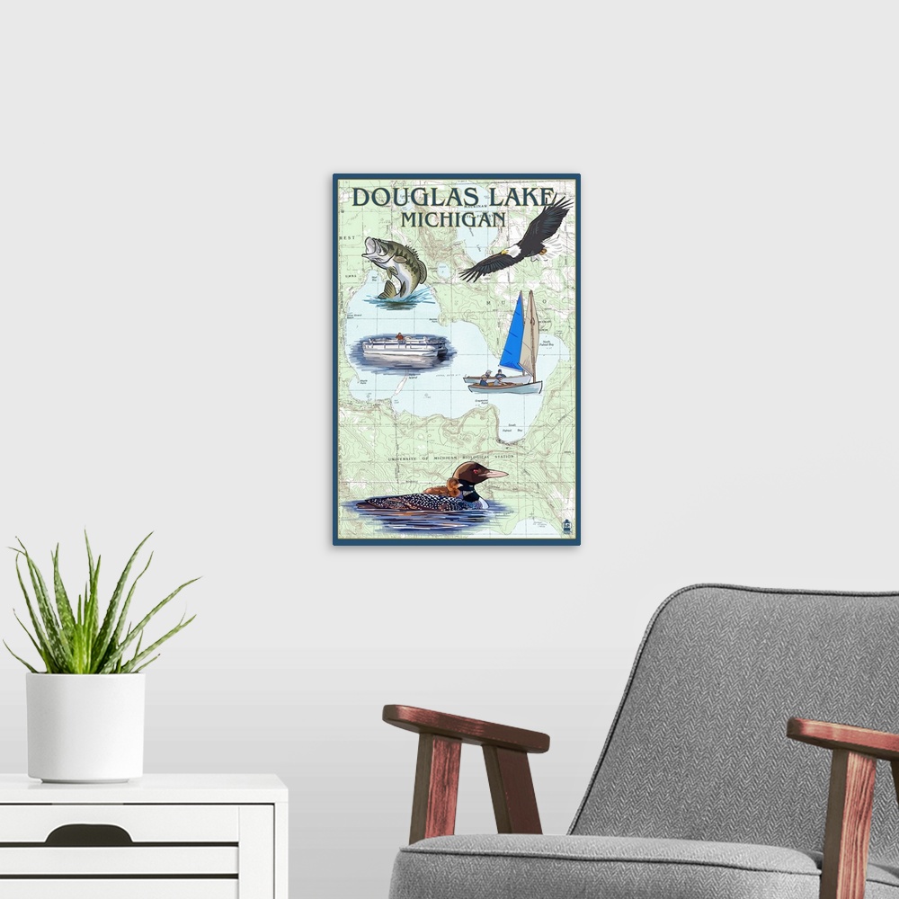 A modern room featuring Douglas Lake, Michigan - Nautical Chart: Retro Travel Poster