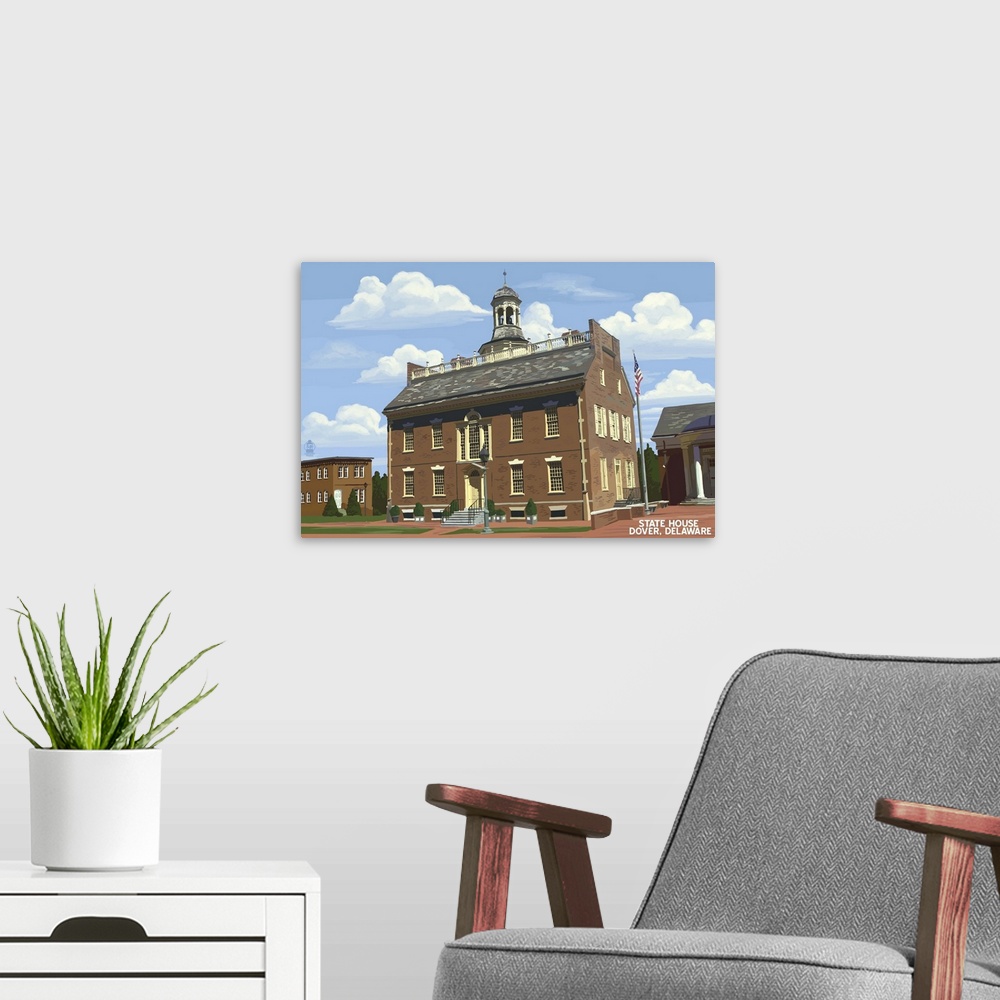 A modern room featuring Retro stylized art poster of an old brick building in a historic town.