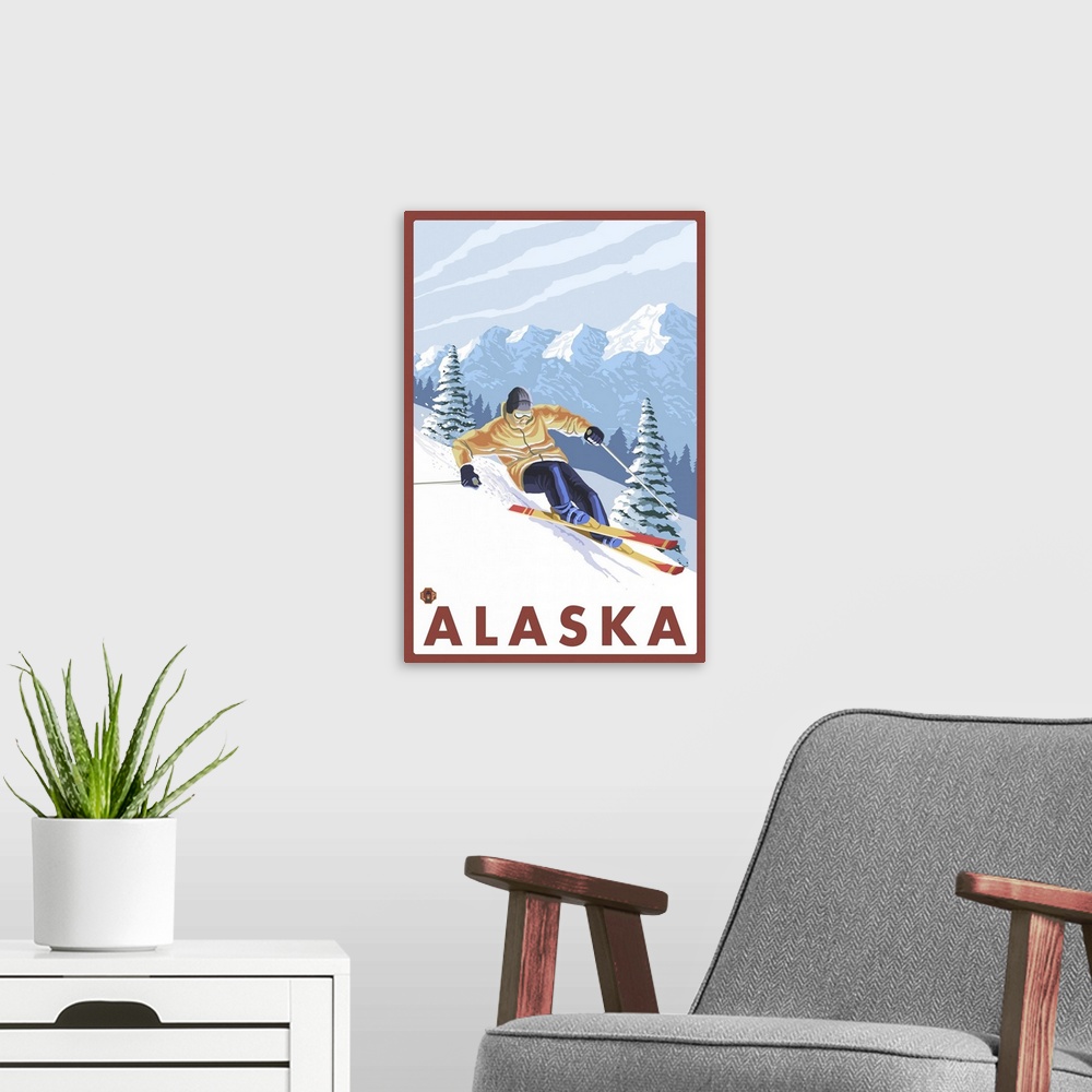 A modern room featuring Downhhill Snow Skier - Alaska: Retro Travel Poster