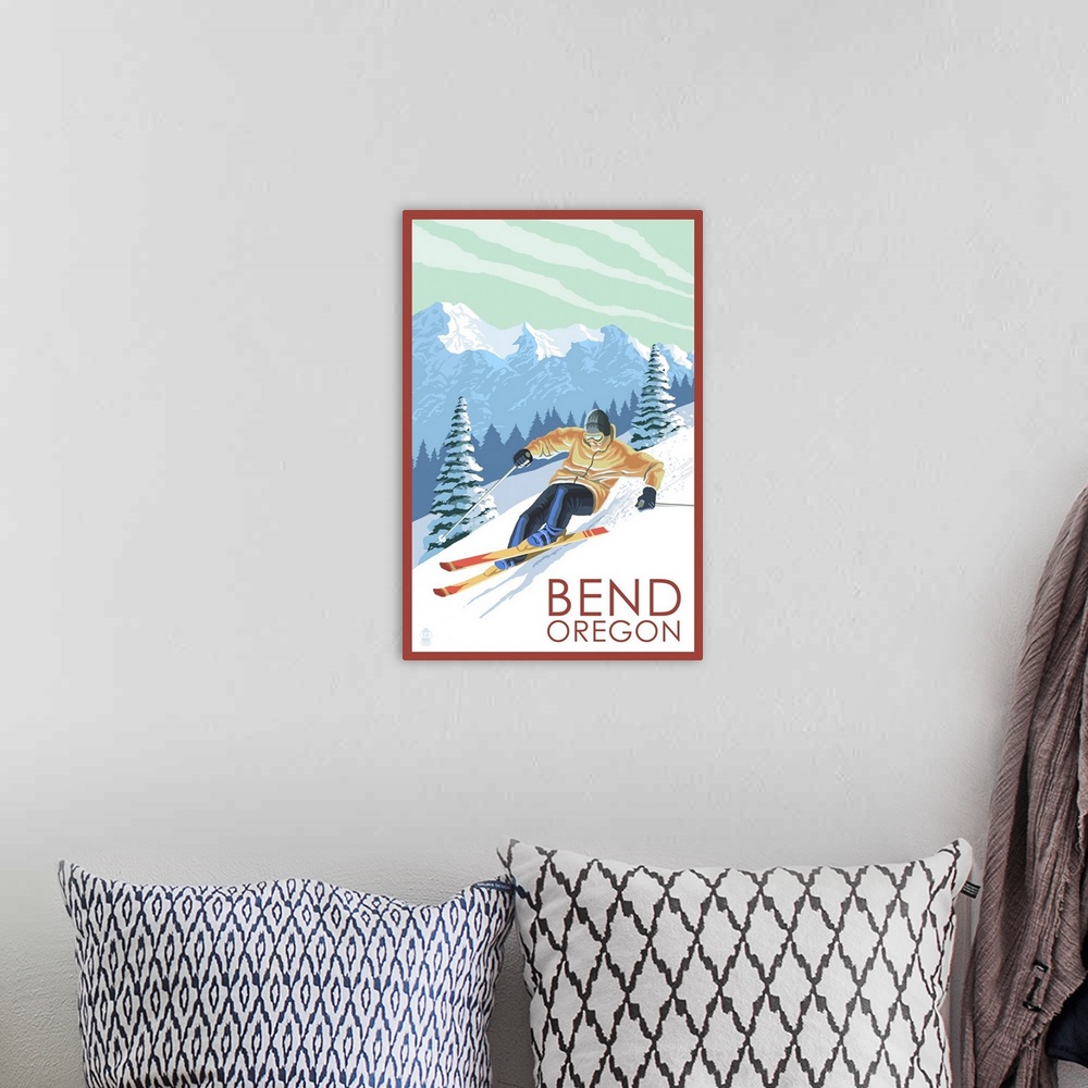 A bohemian room featuring A stylized art poster of a downhill skier going down a mountain covered with powdery snow.