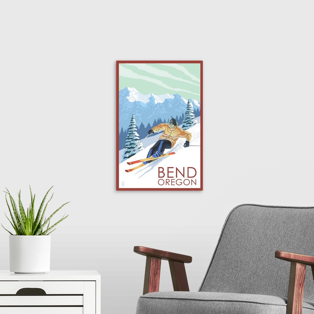 A modern room featuring A stylized art poster of a downhill skier going down a mountain covered with powdery snow.