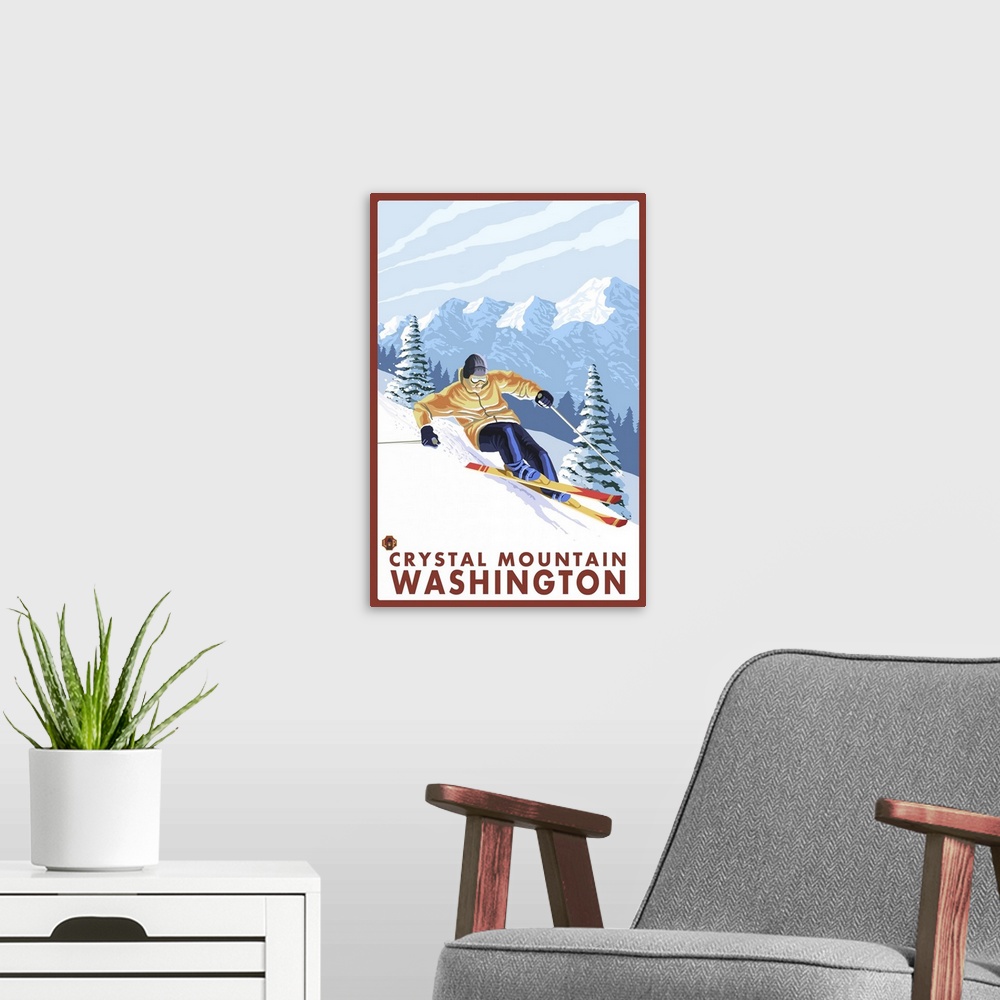A modern room featuring Downhhill Snow Skier - Crystal Mountain, Washington: Retro Travel Poster