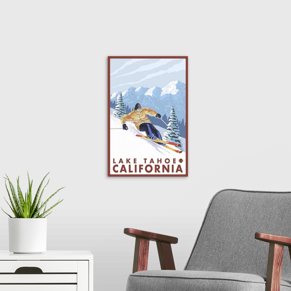 A modern room featuring Downhhill Snow Skier - Lake Tahoe, California: Retro Travel Poster