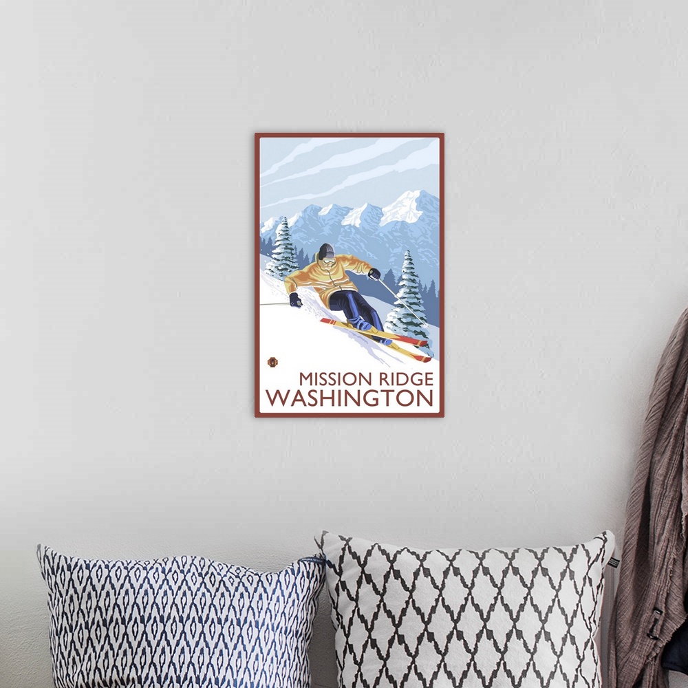 A bohemian room featuring Downhhill Snow Skier - Mission Ridge, Washington: Retro Travel Poster
