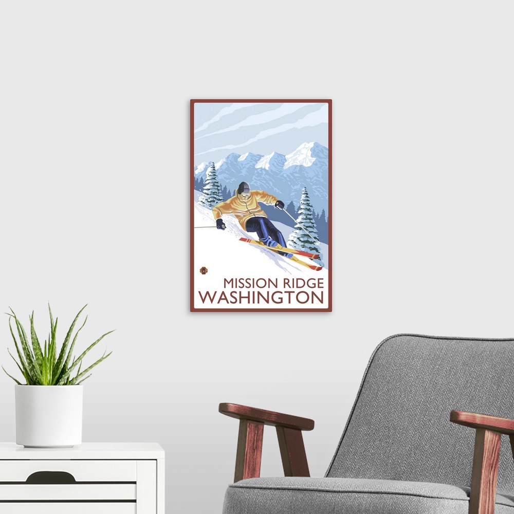 A modern room featuring Downhhill Snow Skier - Mission Ridge, Washington: Retro Travel Poster