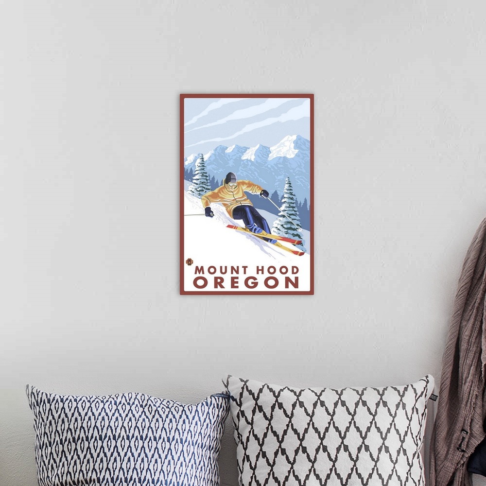 A bohemian room featuring Downhhill Snow Skier - Mount Hood, Oregon: Retro Travel Poster