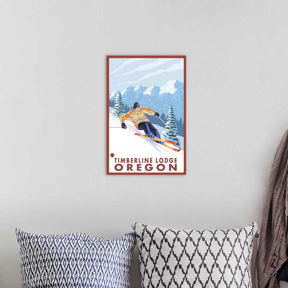 A bohemian room featuring Downhhill Snow Skier - Timberline Lodge, Oregon: Retro Travel Poster