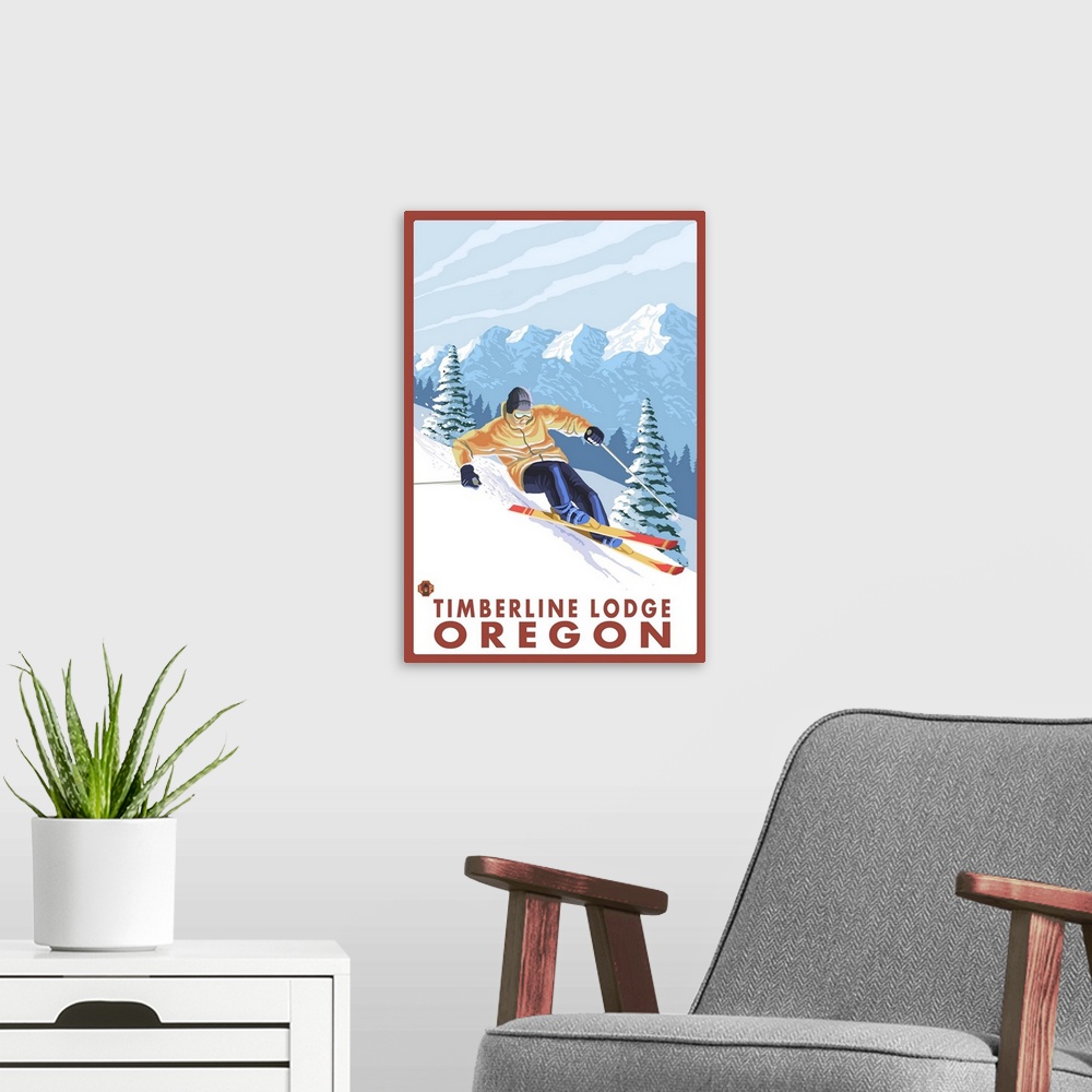 A modern room featuring Downhhill Snow Skier - Timberline Lodge, Oregon: Retro Travel Poster