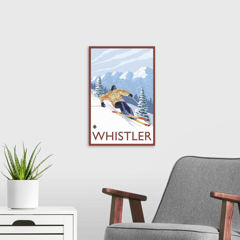 A modern room featuring Downhhill Snow Skier - Whistler, BC Canada: Retro Travel Poster