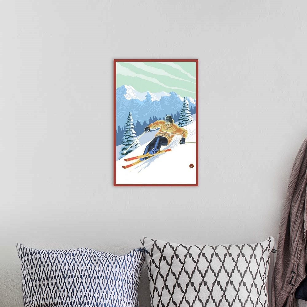 A bohemian room featuring Retro stylized art poster of a downhill skier, with a mountain range in the background.