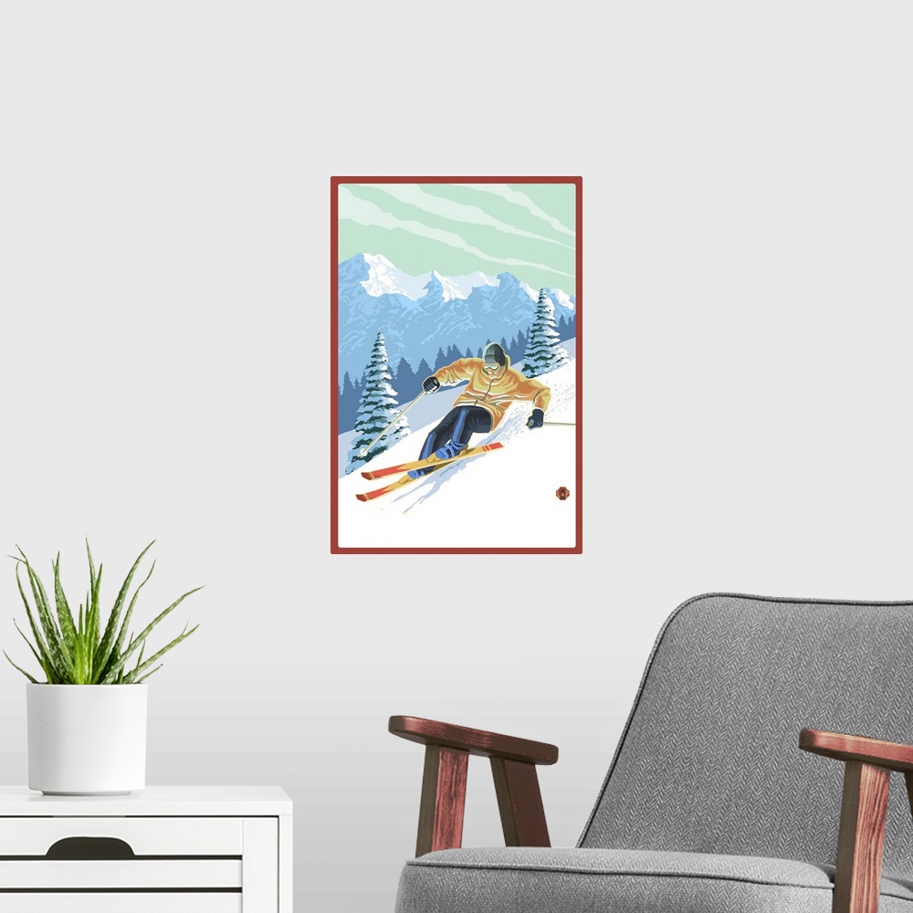 A modern room featuring Retro stylized art poster of a downhill skier, with a mountain range in the background.