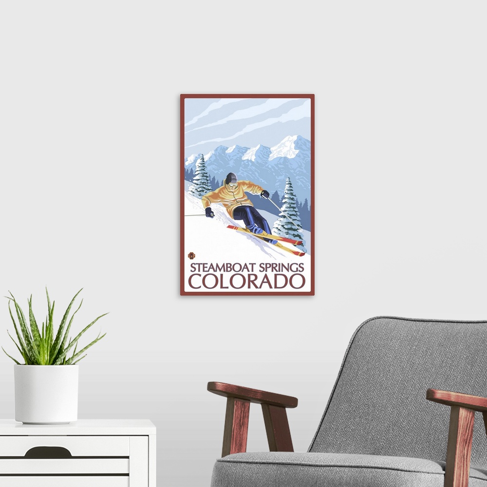 A modern room featuring Downhill Skier - Steamboat Springs, Colorado: Retro Travel Poster