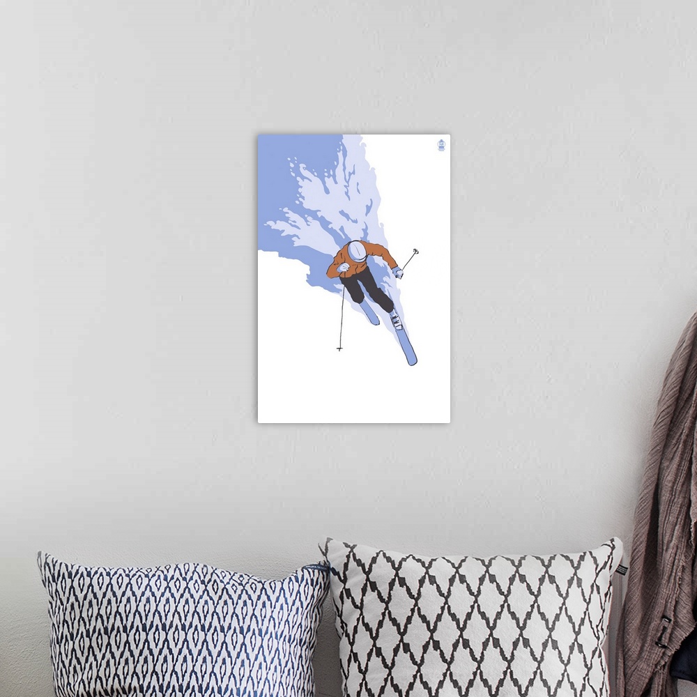 A bohemian room featuring Retro stylized art poster of an aerial view of a downhill skier.