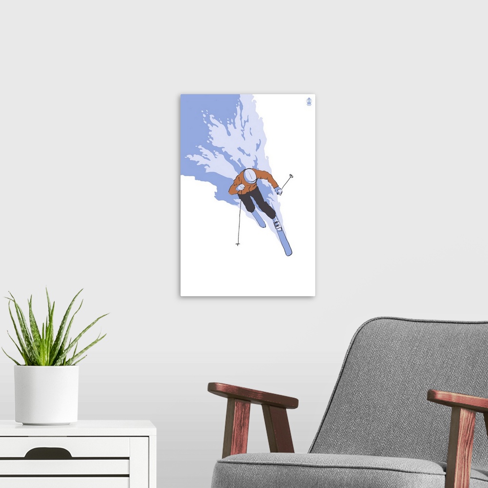A modern room featuring Retro stylized art poster of an aerial view of a downhill skier.