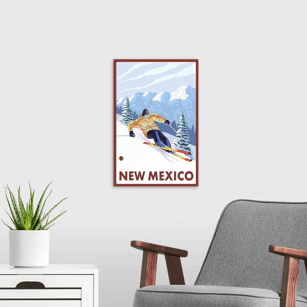 A modern room featuring Downhill Snow Skier - New Mexico: Retro Travel Poster