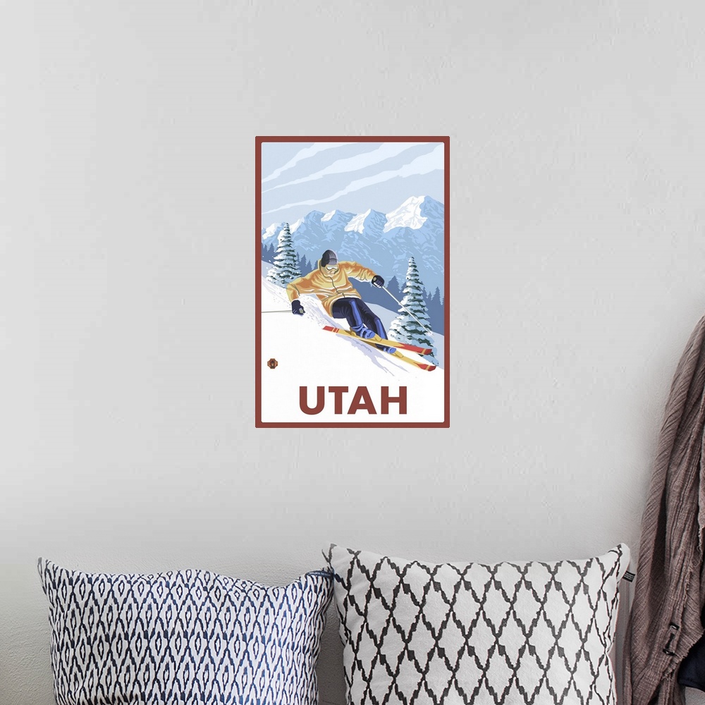 A bohemian room featuring Downhill Snow Skier - Utah: Retro Travel Poster