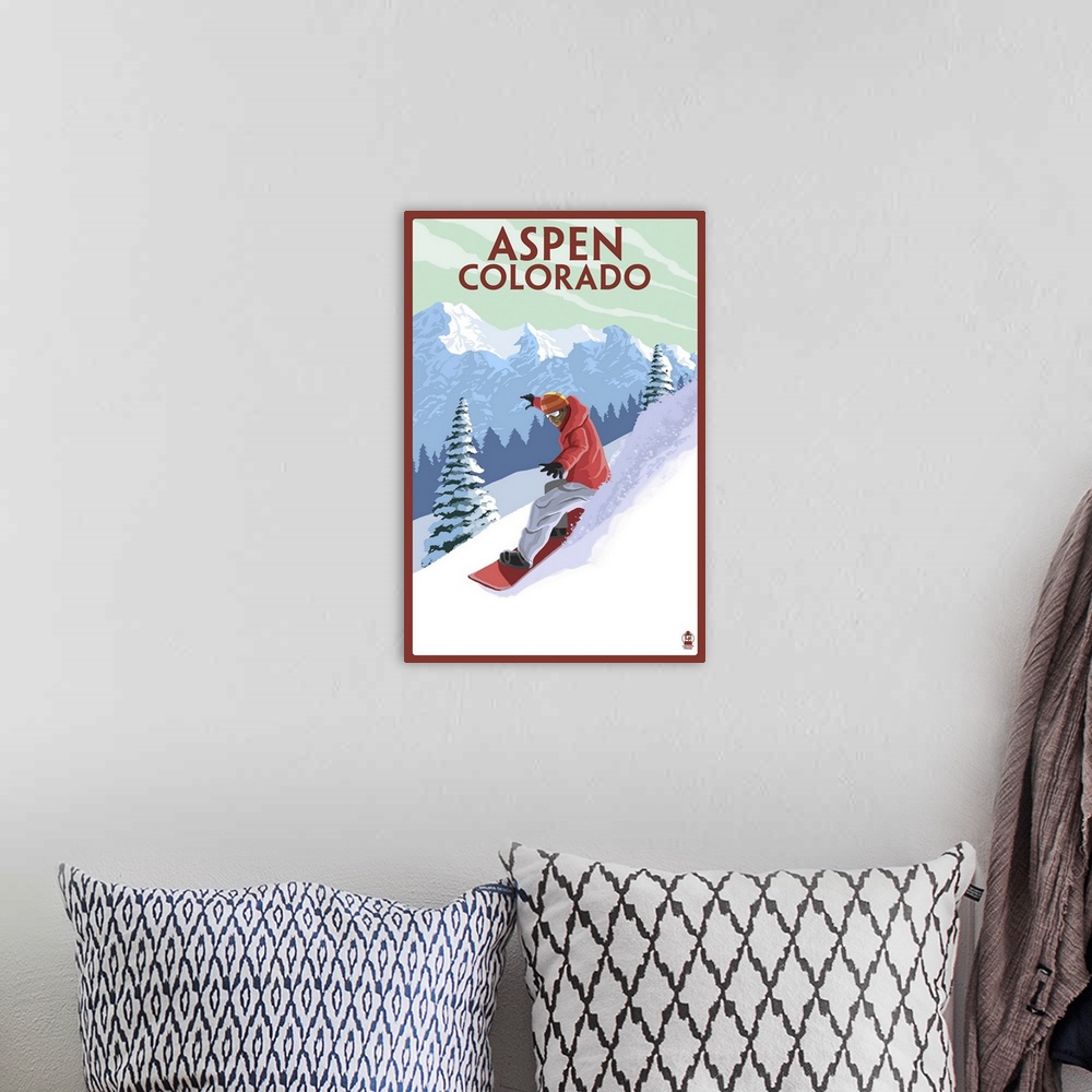 A bohemian room featuring A stylized poster of a man snowboarding down a moutain of powdery snow.
