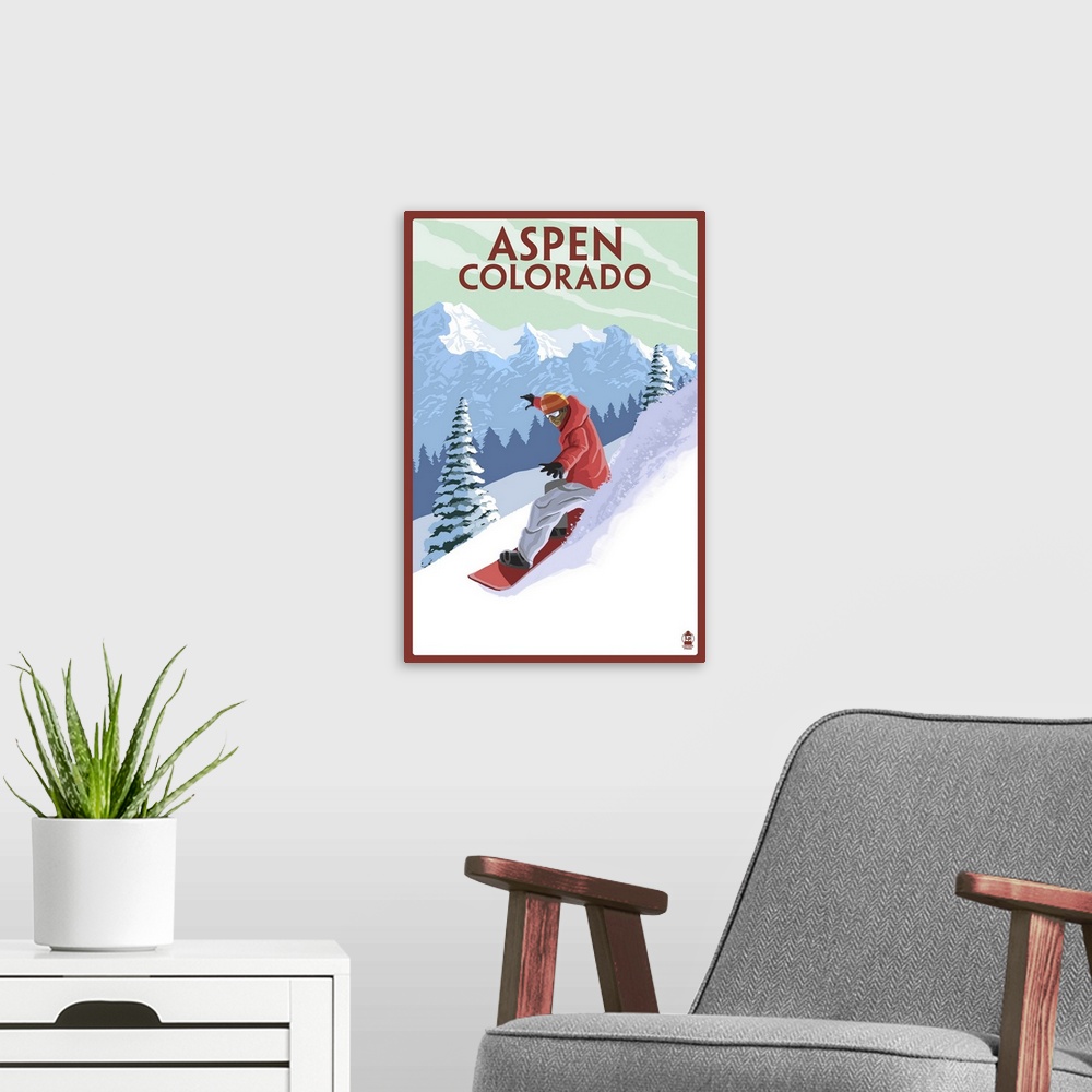A modern room featuring A stylized poster of a man snowboarding down a moutain of powdery snow.